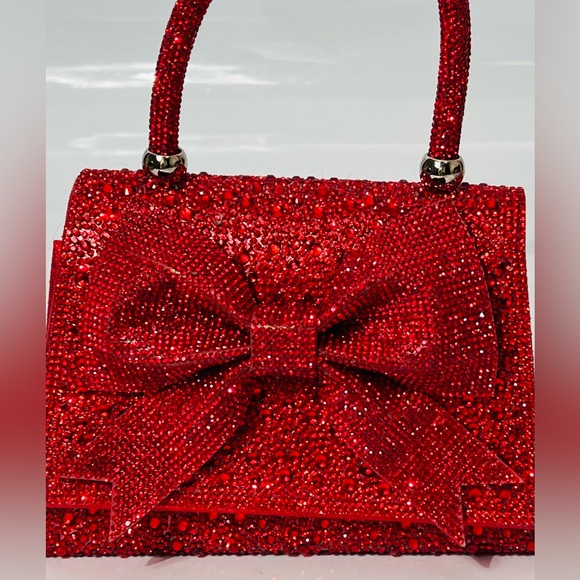 Red Rhinestone Studded Top Handle Large Bow Evening Bag - Picture 3 of 15